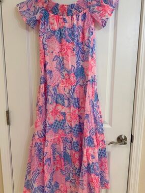 Lilly Pulitzer Dezi Off Shoulder Pink & Blue Dress NWOT